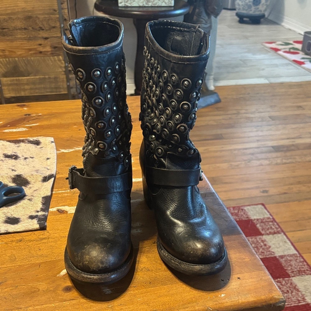 FRYE Vera Studded Black Leather Mid-Calf Boots - Picture 3 of 11